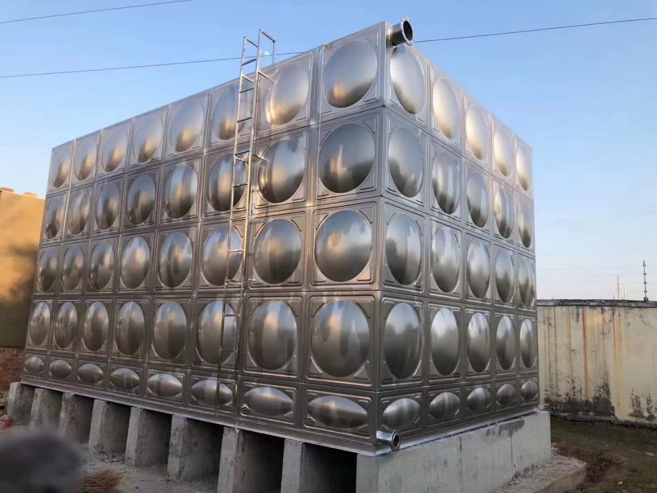 Elevated modular stainless steel water tank with access ladder